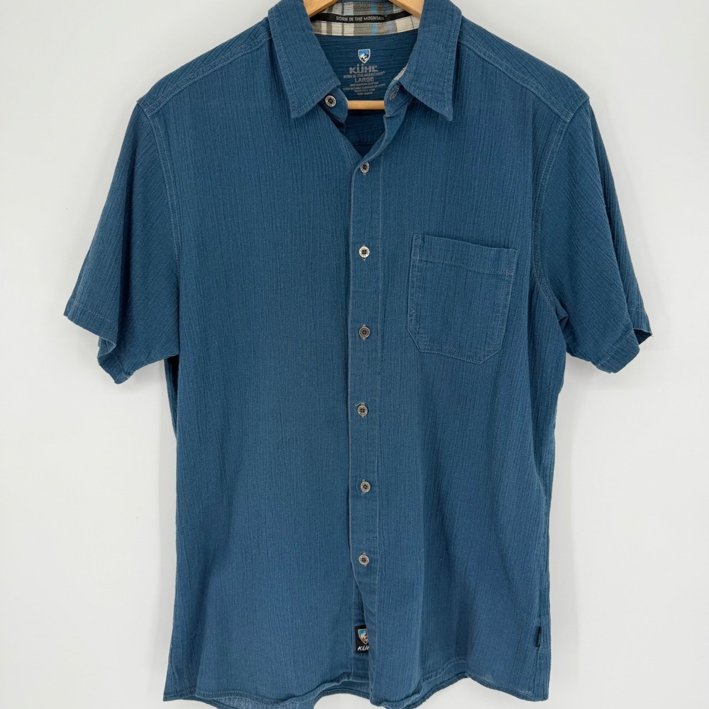 Kuhl Mens Blue Organic Cotton Crinkle Texture Short Sleeve Button Down Shirt L